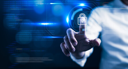 Businessman access online network with privacy key lock to preventing corporate digital data files