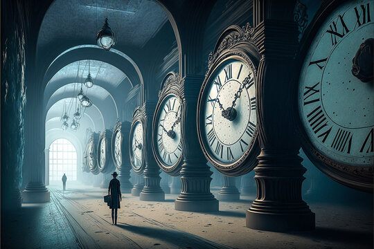 Homme face &agrave; des horloges g&eacute;antes dans la galerie du temps - Concept du temps qui passe - G&eacute;n&eacute;rative IA