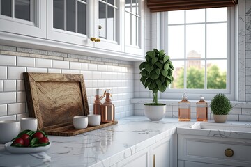 A close up of the sink in a white kitchen with a cozy marble subway tile backsplash. Generative AI