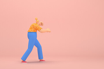 The woman with golden hair tied in a bun wearing blue corduroy pants and Orange T-shirt with white stripes.  She is doing exercise. 3d rendering of cartoon character in acting.