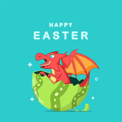 Happy Easter banner, poster, greeting card. Cute easter design with baby dragon, hatched egg, typography, and wings in cartoon style
