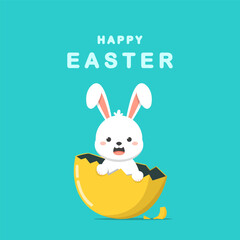 Happy Easter banner, poster, greeting card. Cute easter design with bunny, hatched egg, and typography in cartoon style