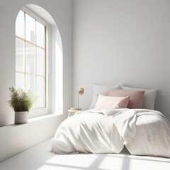 Bedroom: minimalistic, white, wall, floor, window, light, plant, bed, sleep, relax, empty, blank, nobody, no people, photorealistic, illustration, Gen. AI