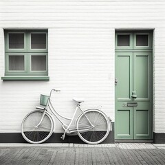 Fototapeta na wymiar Bicycle: white, wall, building, green, door, window, street, outdoor, brick, city, old, empty, blank, nobody, no people, photorealistic, illustration, Gen. AI