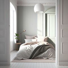 Bedroom: white, green, wood, floor, comfortable, sleep, home, interior, deco, light, window, bed, empty, blank, nobody, no people, photorealistic, illustration, Gen. AI