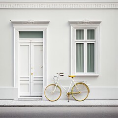 Fototapeta na wymiar Bicycle next to a door: white, building, house, facade, exterior, window, old, vintage, antique, deco, street, empty, blank, nobody, no people, photorealistic, illustration, Gen. AI