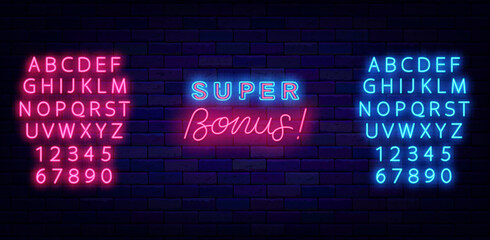 Super bonus neon inscription with lettering. Simple typography. Luminous blue and pink alphabet. Vector illustration