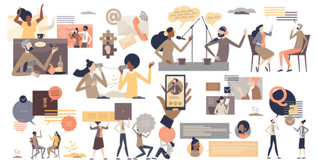 Conversation and communication with talking and chat tiny person collection set, transparent background. Isolated speech and message elements illustration. Phone connection dialogue.