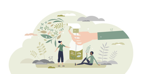 Natural cleaning and ecological hygiene products using tiny person concept, transparent background. Eco friendly and green spray for clean and fresh house illustration.