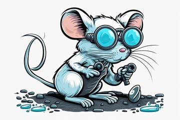 Lab rat in isolation, sporting enormous specs and baby blue eyes. Illustration depicting the concept of a laboratory rat. Sketch of a rattish mouse performing laboratory investigations. Generative AI