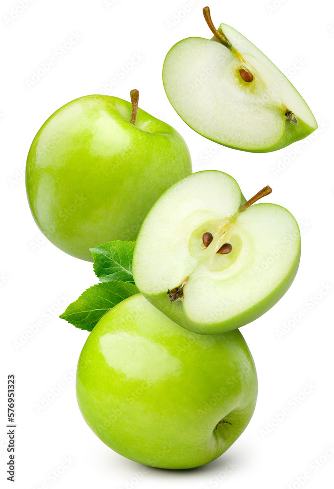Wall mural green apple isolated. whole, half and apple slice flying on white background. green apples with leav - Wall murals