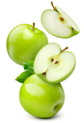 Green apple isolated. Whole, half and apple slice flying on white background. Green apples with leaves are falling. Full depth of field.