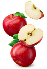 Red apple isolated. Whole, half and apple slice flying on white background. Red apples with leaves...