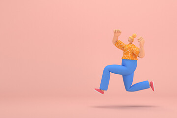 The woman with golden hair tied in a bun wearing blue corduroy pants and Orange T-shirt with white stripes. She is doing exercise. 3d rendering of cartoon character in acting.