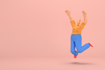 Fototapeta na wymiar The woman with golden hair tied in a bun wearing blue corduroy pants and Orange T-shirt with white stripes. She is jumping. 3d rendering of cartoon character in acting.