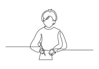 Man writes on the paper. Writer, or student at work. Continuous line drawing.