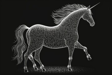 Obraz na płótnie Canvas The entire length of a Unicorn, outlined in white on a black background. Generative AI