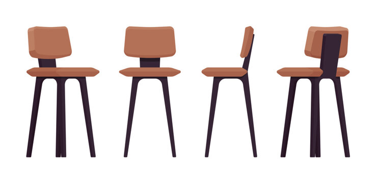 Bar stool tall chair furniture brown set, wood height barstool. Cafe, restaurant comfort seat, living room, kitchen interior. Vector flat style cartoon home, office articles isolated, white background