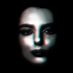 Abstract woman portrait illustration in halftone black and white television screen pixels pattern. Glitched and corrupted female face in halftone and old CRT TVs and VHS pixel style. RGB color split