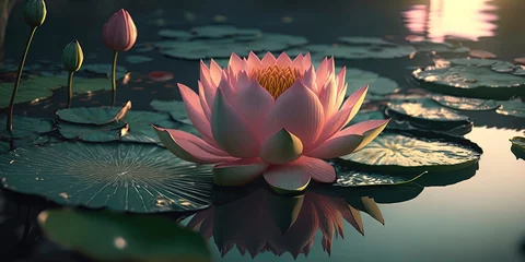 Foto op Canvas pink lotus flower in the middle of a pond with cyan water Warm lighting. AI-Generated © Fernando