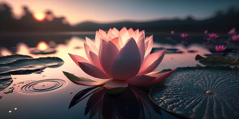 Foto op Canvas pink lotus flower in the middle of a pond with cyan water Warm lighting. AI-Generated © Fernando