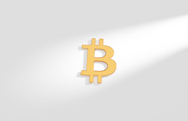 Golden Bitcoin currency symbol on white surface in spotlight. Main Crypto currency symbol. Digital money.