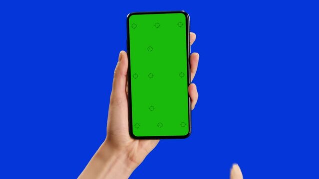 Template for cellphone screen with green and blue background. The hand points once and then swipes.