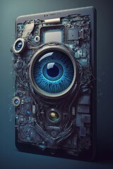 Cyber security concept. Blue eye on a mobile phone. Generative AI