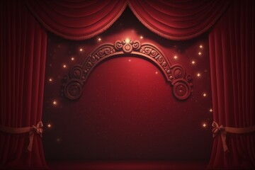 Red velvet curtain with glowing spotlights. Generative AI