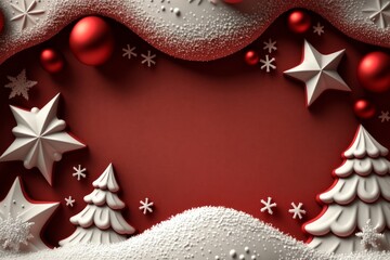 Christmas background with christmas tree and snowflakes on red background. Generative AI
