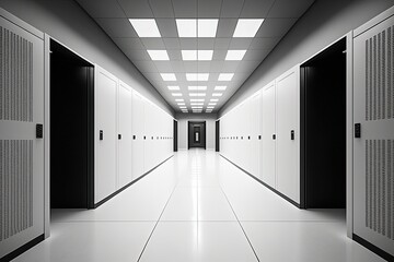 Picture depicts a corridor in a fully operational data center, crammed with rack servers and supercomputers. Generative AI