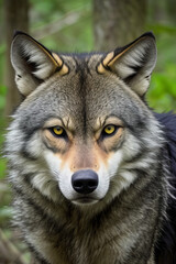 Naklejka na ściany i meble Portrait of Wild Wolf in Forest with Generative AI