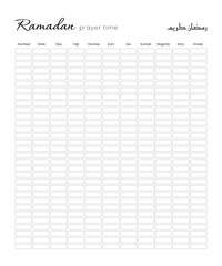 Ramadan Kareem shedule of prayer time. Vector calendar Planner on Ramadan