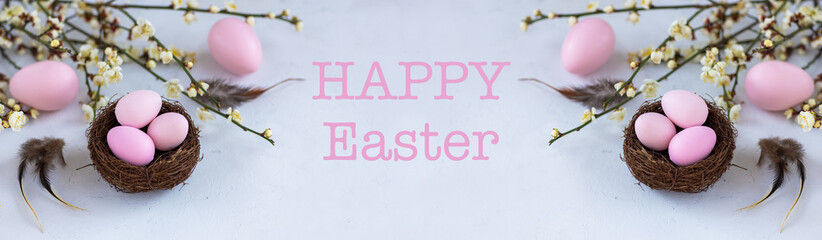 Stylish background with colorful easter eggs on gray concrete background. Flat lay, top view,...