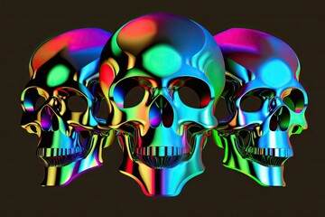 Three merged black shining metallic skulls are depicted in an abstract illustration in the vaporwave style, set against a multicolored background. Generative AI