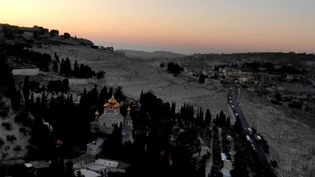 Drone church of mary magdalene jerusalem at sunrise Drone Christianity Holy Site Israel Aerial