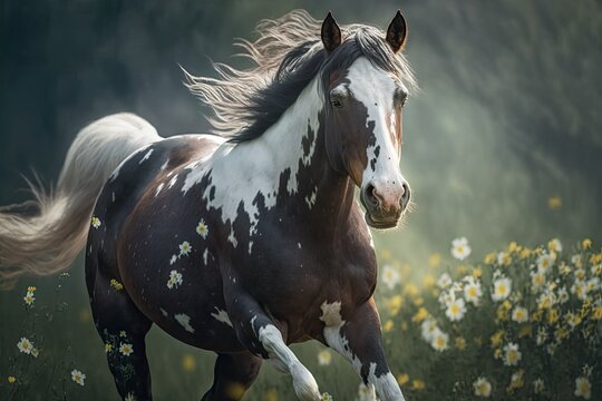 A close up of a galloping Pinto horse in the spring chamomile meadow. Generative AI