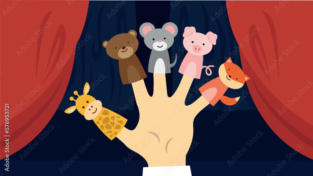 Wall mural Hand holding animals. Flat style vector illustration. Isolated on blue background.