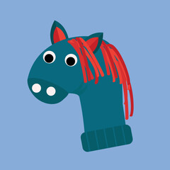 Funny cartoon horse in winter clothes. Vector illustration in flat style