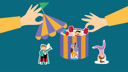 Amusement park with people and animals. Flat design vector illustration.