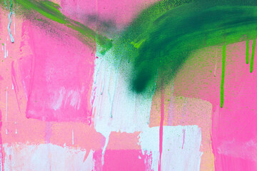 Messy paint strokes and smudges on an old painted wall. Colorful drips, flows, streaks of paint and...