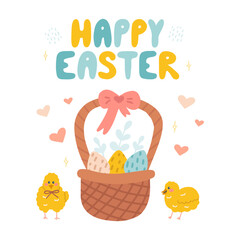 Easter greeting card with basket of eggs and cute chickens, vector flat hand drawn illustration