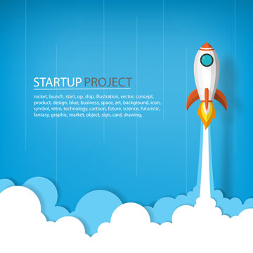 space rocket launch to the sky in startup concept of business or project. vector illustrator paper art