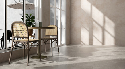 Dark shiny bronze stainless steel round coffee table, two wooden leg rattan chair in sunlight from glass window on beige stucco wall, polished cement floor in modern, luxury cafe restaurant background