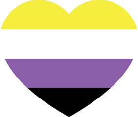 Yellow, white, purple and black colored heart icon, as the colors of the non-binary flag. LGBTQI concept. Flat design illustration.