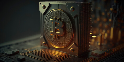 Bitcoins and New Virtual money concept. Gold bitcoins. Blockchain technology.