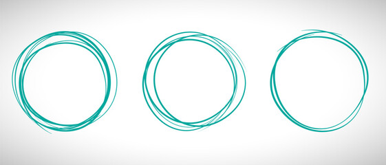 Teal circle line hand drawn set. Highlight hand drawing circle isolated on background. Round handwritten circle. For marking text, note, mark icon, number, marker pen, pencil and text check, vector