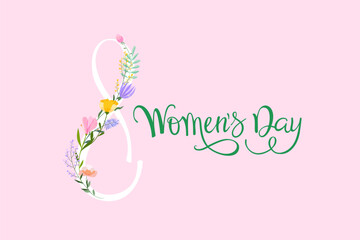 Happy women's day greeting card. 8 march women's day poster or banner with big number eight and lettering, spring flowers and leaves on pink background.