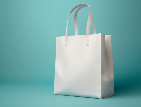 Empty white tote bag mockup isolated on cyan light blue background, blank realistic sopping sac sample cut out concept for design, studio shot generative Ai