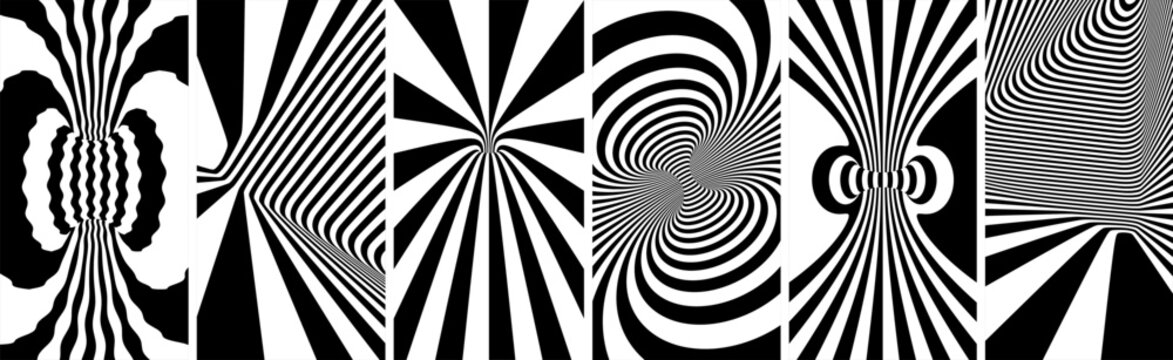The geometric background by stripes. Black and white modern pattern with optical illusion. Psychedelic stripes. 3d vector illustration for brochure, magazine, poster, presentation, flyer or banner.